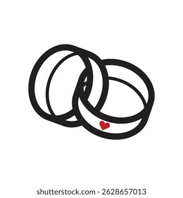 Wedding rings vector with heart sign icon. Jewelry logo template. Engagement diamond ring vector symbol and flat design, beautifull jewellery vector illustration isolated