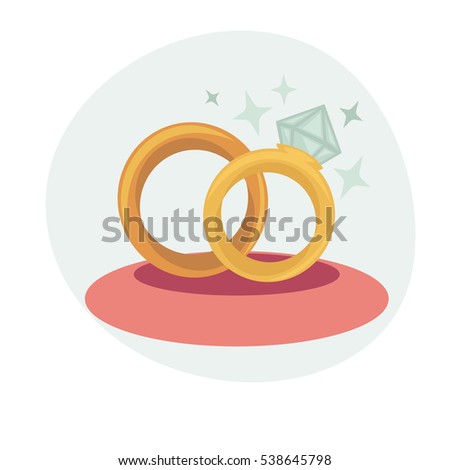 Wedding rings vector illustration. Gold jewelery with diamond - romantic symbol of love, engagement and married. Rings for bride and groom. Cartoon design element isolated on white background.