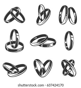 Wedding rings vector set isolated on white background. Black icons of wedding rings in different positions. 