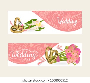 Wedding rings vector wed shop of engagement symbol golden silver jewellery for proposal marriage flowery sign flowered orchid business card backdrop illustration flowery set background