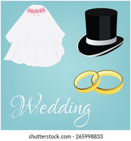 Wedding rings, white bride veil and groom black cylinder, wedding couple, wedding invitation