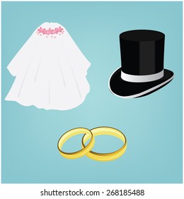 Wedding rings, white bride veil and groom black cylinder, wedding couple, wedding invitation
