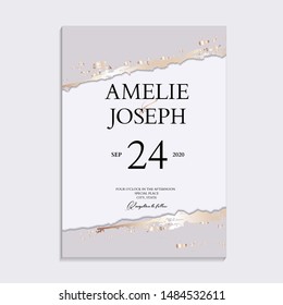 Wedding ripped torn card pastel  abstract marble gold luxury card. Soft grey and gold foil decoration. Beautiful backgrounds for advertising, poster, invitations, wallpaper, textile, typography.