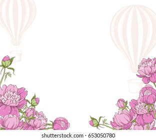 Wedding romance background with pink flowers and two hot air balloons. Vector illustration