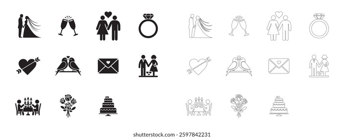 Wedding and Romance Icons Set. Editable minimalist and outline vector icons. Perfect for web and app interfaces, presentations, info graphics, etc. In black color on a white background.
