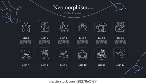 Wedding romance set icon. Neomorphism collection with invitation envelopes, bridal couples, champagne glasses, decorative curtains, floral bouquets, romantic transportation graphics.