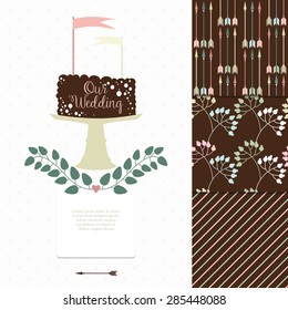 Wedding romantic card design  with labels, ribbons, hearts, flowers, arrows, laurel and beetles. Wedding seamless pattern. Save the Date invitation in vector.