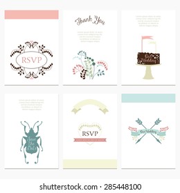 Wedding romantic  card design with labels, ribbons, hearts, flowers, arrows, laurel and beetles. Graphic set in retro style and pastel colors. Save the Date invitation in vector.