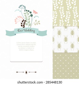 Wedding romantic card design  with labels, ribbons, hearts, flowers, arrows, laurel and beetles. Wedding seamless pattern. Save the Date invitation in vector.