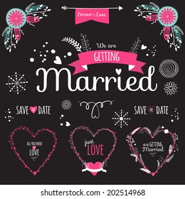Wedding romantic collection with greeting labels, ribbons, hearts, flowers, arrows, wreaths, laurel. Vintage romantic flowers set. Stylish save the Date invitation in bright colors in vector.