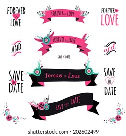 Wedding romantic collection with greeting labels, ribbons, hearts, flowers, arrows, wreaths, laurel. Vintage romantic flowers set. Stylish save the Date invitation in bright colors in vector.