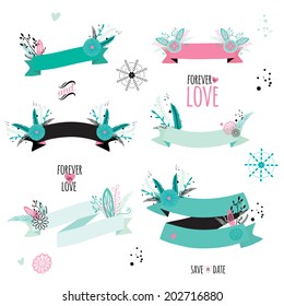 Wedding romantic collection with greeting labels, ribbons, hearts, flowers, arrows, wreaths, laurel. Vintage romantic flowers set. Stylish save the Date invitation in bright colors in vector.