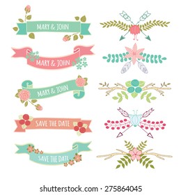 Wedding romantic collection with greeting labels, ribbons, flowers, arrows, laurel. Vintage romantic flowers set. Stylish save the Date invitation in bright colors in vector.