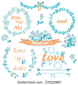 Wedding romantic collection with hand drawn flowers and floral borders. Laurel, wreath and ribbon isolated on white background. Vector illustration.