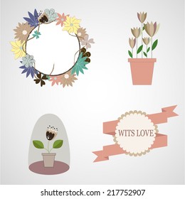 Wedding romantic collection with labels. Graphic set in retro style. Save the Date invitation in vector.