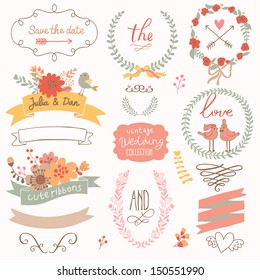 Wedding romantic collection with labels, ribbons, hearts, flowers, arrows, wreaths, laurel and birds. Graphic set in retro style.  Save the Date invitation in vector.