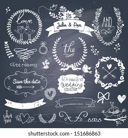 Wedding romantic collection with labels, ribbons, hearts, flowers, arrows, wreaths, laurel and birds. Graphic vintage set on chalkboard background.  Save the Date invitation in vector.