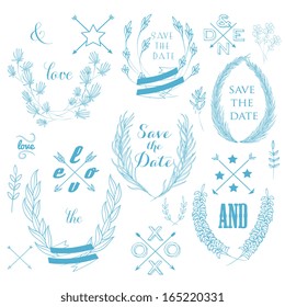Wedding romantic collection with labels, ribbons, hearts, flowers, arrows, wreaths, laurel and birds. Graphic vintage set on chalkboard background. Save the Date invitation in vector.