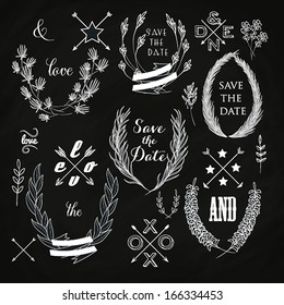 Wedding romantic collection with labels, ribbons, hearts, flowers, arrows, wreaths, laurel and birds. Graphic vintage set on chalkboard background. Save the Date invitation in vector.
