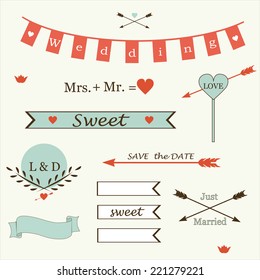 Wedding romantic collection of labels, ribbons, hearts, flowers, arrows, wreaths of laurel. Graphic set in retro style vector.