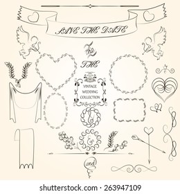 Wedding romantic collection with labels, ribbons, hearts, flowers, arrows, wreaths, laurel and angels. Graphic set in retro style. Save the Date invitation in vector.