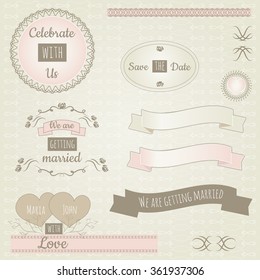 Wedding romantic collection with labels, ribbons, hearts, flowers, frames and background
