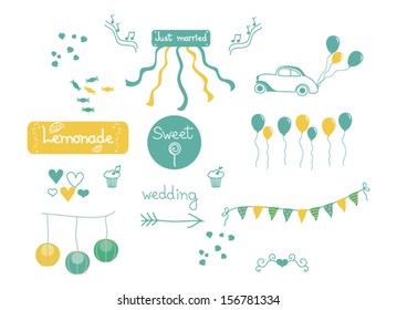 Wedding romantic collection with ribbons, hearts, arrows. Graphic set in retro style.