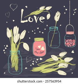 Wedding Romantic Collection With Spring Tulips In Mason Jar. Hand Drawing Vintage Set On Chalkboard Background. Vector Illustration.