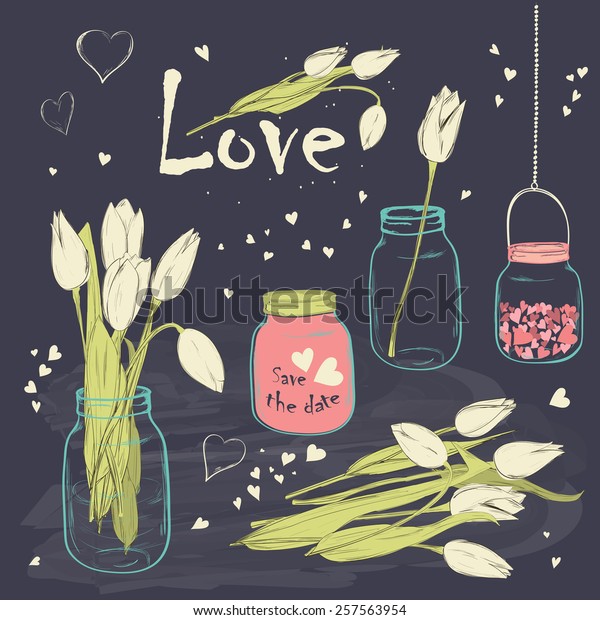 Wedding romantic collection with spring\
tulips in Mason Jar. Hand drawing vintage set on chalkboard\
background. Vector\
illustration.