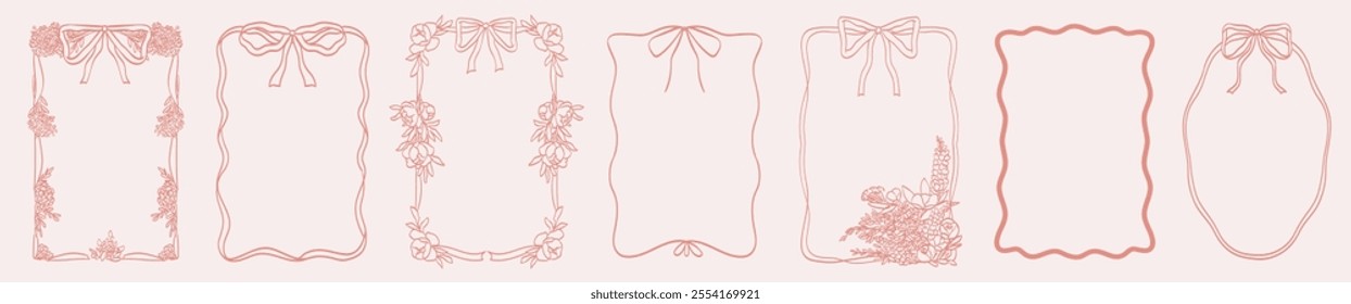 Wedding romantic decoration border with flowers and branches, bow and ribbon in vintage doodle line art style for poster, placards and invitations. Valentine day frames design vector illustration set.