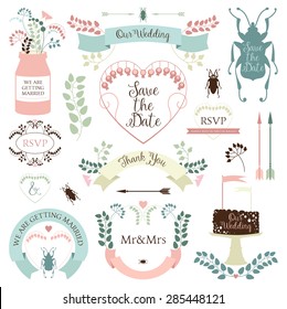 Wedding romantic elements collection  with labels, ribbons, hearts, flowers, arrows, laurel and beetles. Graphic set in retro style and pastel colors. Save the Date invitation in vector.