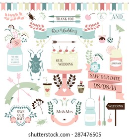 Wedding romantic elements collection with labels, ribbons, hearts, flowers, arrows, laurel and beetles. Save the Date invitation in vector