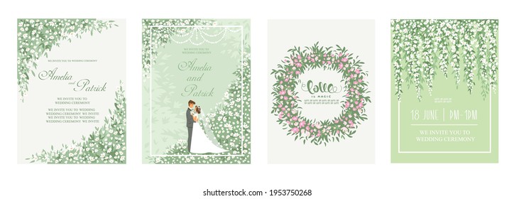 Wedding romantic Invitation card. Bride and groom on wedding ceremony. Vector illustration.