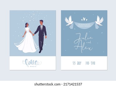 Wedding romantic Invitation card. Bride and groom on wedding ceremony. Vector illustration.