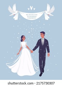 Wedding romantic Invitation card. Bride and groom on wedding ceremony. Vector illustration.