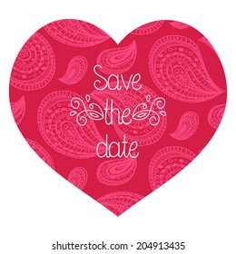 Wedding romantic invitation card with hand drawn paisley heart. Save the Date invitation in vector