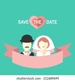 Wedding romantic invitation card with ribbon, heart, bride and groom in flat style. Save the Date invitation in vector
