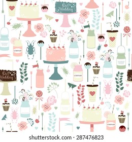 Wedding romantic seamless pattern with ribbons, hearts, flowers, arrows, laurel and beetles. Wedding vector background