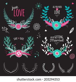 Wedding romantic set with greeting hand drawn labels, ribbons, hearts, flowers, arrows, wreaths, laurel. Vintage romantic flowers set. Stylish save the Date invitation in bright colors in vector