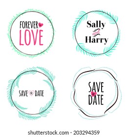 Wedding romantic set with greeting hand drawn labels, ribbons, hearts, flowers, arrows, wreaths, laurel. Vintage romantic flowers set. Stylish save the Date invitation in bright colors in vector
