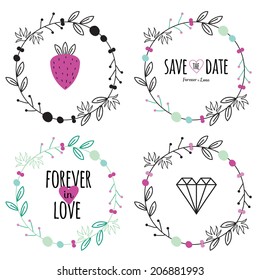 Wedding romantic set with greeting hand drawn labels, ribbons, hearts, flowers, arrows, wreaths, laurel. Vintage romantic flowers set. Stylish save the Date elements in bright colors in vector.