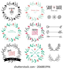 Wedding romantic set with greeting hand drawn labels, ribbons, hearts, flowers, arrows, wreaths, laurel. Vintage romantic flowers set. Stylish save the Date elements in bright colors in vector.