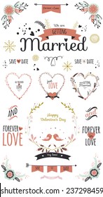 Wedding romantic set with greeting hand drawn labels, ribbons, hearts, flowers, arrows, wreaths, laurel. Vintage romantic flowers set. Stylish save the Date invitation in bright colors in vector