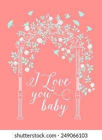 Wedding rose arch with calligraphic custom text. Printable image. Vector illustration