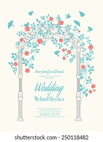 Wedding rose arch with calligraphic custom text. Printable image. Vector illustration.