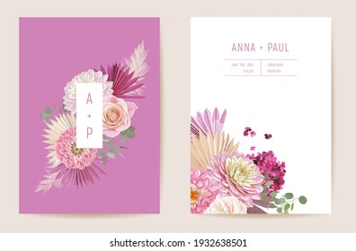 Wedding rose, dahlia floral invitation, dry flowers, dried tropic palm leaves card, watercolor template vector. Botanical Save the Date foliage cover, modern poster, trendy design, luxury background