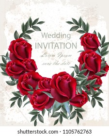 Vector de corona de rosas de Boda. Hermosa guirnalda de flores rojas. Tarjeta de invitación elegante decoración realista 3d ramo