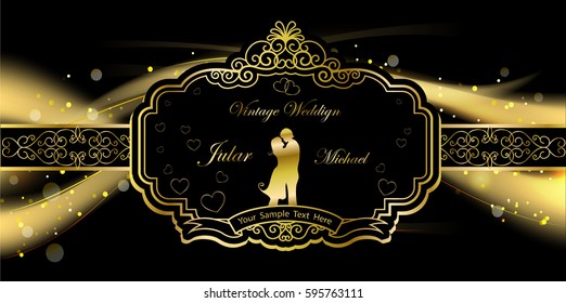 Wedding Royal frame on black pattern background, Vintage background, antique, victorian gold ornament, design template label for wedding