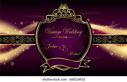 Wedding Royal frame on black pattern background, Vintage background, antique, victorian gold ornament
