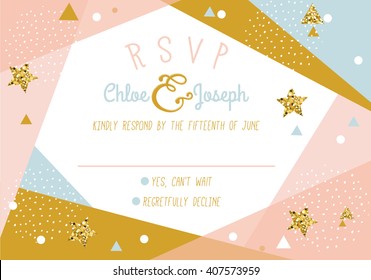 Wedding RSVP Card. Minimalistic geometric trendy design with golden confetti